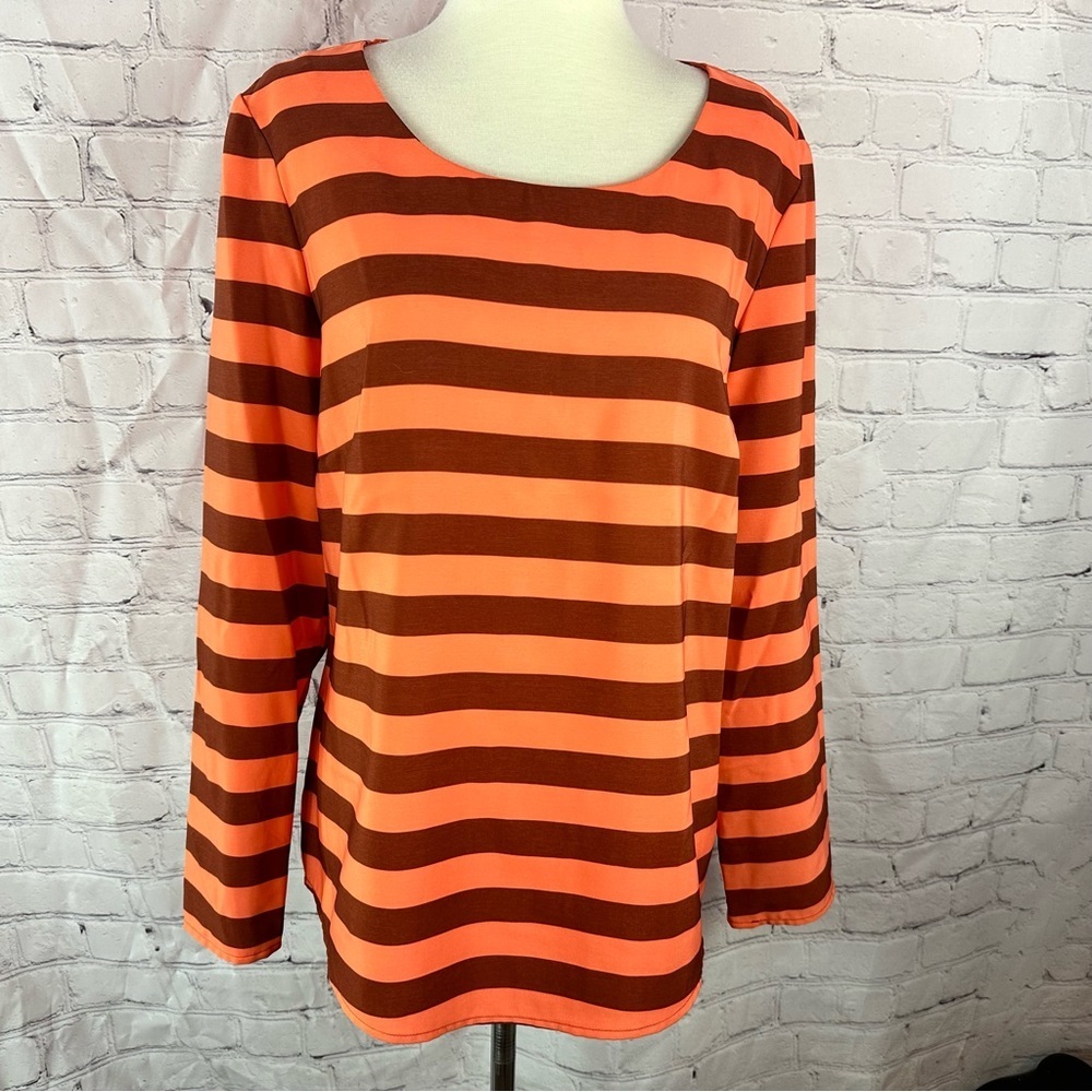 Daniel Cremieux womens L Orange Brown Striped Long Sleeve blouse office fall